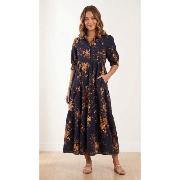 NATURAL LIFE Dresses & Skirts - Natural Life Maxi Dress Navy Floral Tiered Button Front Womens Size Small Boho